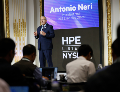 Antonio Neri, president and CEO of Hewlett Packard Enterprise, speaks at the company’s HPE Securities Analyst Day 2023. (Photo: Business Wire)
