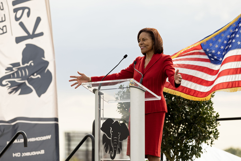 Rita McClenny, CEO and President of Virginia Tourism Corporation, addresses the crowd at the groundbreaking of Kalahari Resorts & Conventions fifth resort in Spotsylvania, Virginia. When it opens in 2026, the resort is expected to employ over 1,200 people and see over 1 million annual visitors. (IMAGE PROVIDED BY KALAHARI RESORTS & CONVENTIONS)