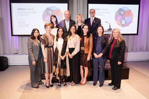 Leadership from Springer Nature and the Estée Lauder Companies photographed by Dane Rhys standing beside the award winners and United Nations under-secretary-general Melissa Fleming. (Photo: Business Wire)