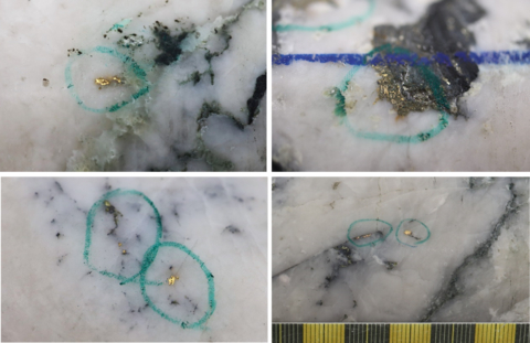 original Figure 1: Photos of mineralization, Top Left: at ~46m in NFGC-23-1482, Top Right: at ~117m in NFGC-23-1535, Bottom Left: at ~86.5m in NFGC-23-1585, Bottom Right: at ~150.6m in NFGC-23-1123 ^Note that these photos are not intended to be representative of gold mineralization in NFGC-23-1123, NFGC-23-1482, NFGC-23-1535, and NFGC-23-1585. (Photo: Business Wire)