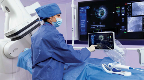 GE HealthCare’s Allia platform with INTERACT Touch technology enables the control of the Boston Scientific’s AVVIGO+™ Multi-Modality Guidance System directly from the Allia touch panel. (Photo: Business Wire)