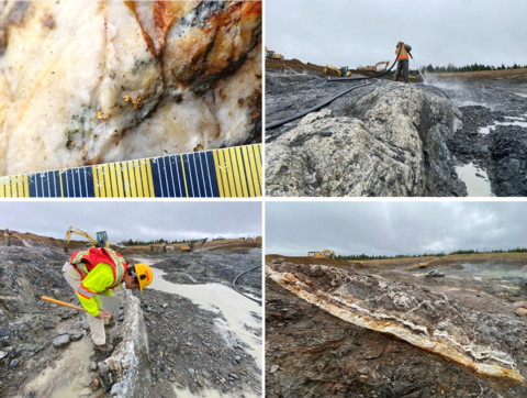 Figure 2: Top Left: Visible gold in quartz vein, Top Right: Washing of the Keats Zone, Bottom Left: John Fingas, New Found Senior Geologist mapping the trench, Bottom Right: A portion of the Keats Zone exposed. (Photo: Business Wire)