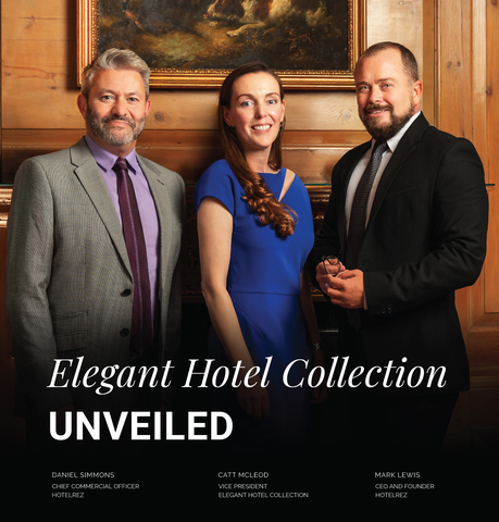 HotelREZ为Elegant Hotel Collection提供助力。首席商务官Daniel Simmons、品牌发展副总裁Catt McLeod、首席执行官Mark Lewis（照片：美国商业资讯）