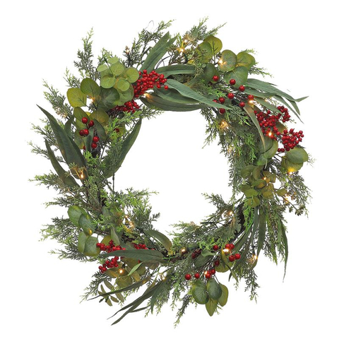 Berkley Jensen 28" Pre-Lit Holiday Wreath with Red Berries and Flocked Leaves (Photo: Business Wire)
