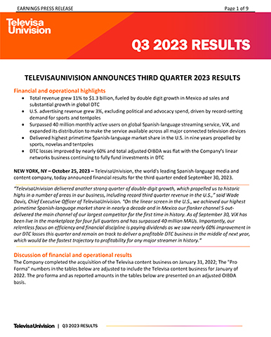 TelevisaUnivision Q3 2023 Results