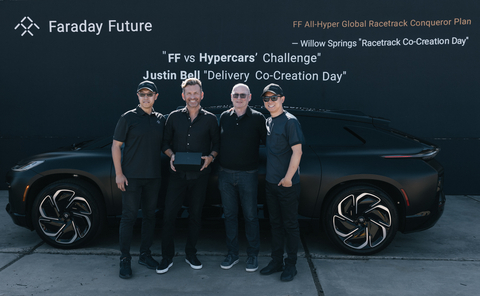 Justin Bell (second from left), one of FF’s Developer Co-Creation Officers, took delivery of his FF 91 2.0 Futurist Alliance at Faraday Future's “Delivery Co-Creation Day” at Willow Springs International Raceway. (Photo: Business Wire)