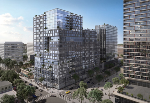 Urban Catalyst is studying the potential to re-entitle its Icon development project's commercial office phase to residential use. The residential plan, shown in this rendering's foreground, may include up to 600 or more multifamily units. (Photo: Business Wire)