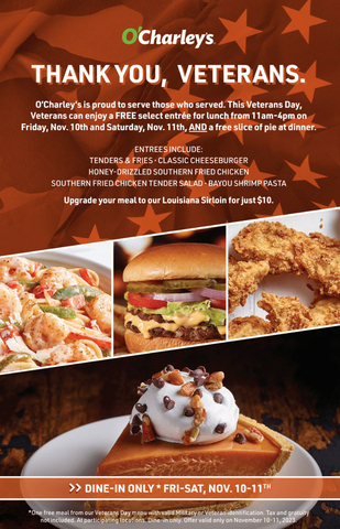 O'Charley's is saying thank you to all Veterans this year with free lunch on Friday, Nov. 10 and Saturday, Nov. 11. (Photo: Business Wire)