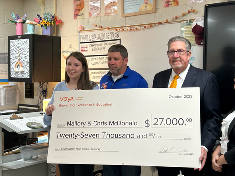 Voya’s 2023 Unsung Heroes first-place winners: Mallory McDonald and Chris McDonald, teachers, Southwestern High School, Somerset, Kentucky, who will use the grant to bring to life the “Southwestern Agriculture Center and Farm”; and Terry Harrell, regional vice president, Tax-Exempt Markets, Voya Financial, Inc. (Photo: Business Wire)