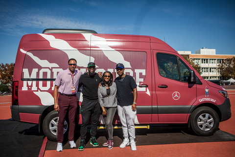 Erica Bolden, Head of DEI at Mercedes-Benz USA, Eastside Golf Founder Olajuwon Ajanaku and Co-Founder Earl Cooper, and Harold Ellis, Morehouse College Athletic Director celebrate the partnership and sponsorship of Morehouse College athletics during Morehouse Homecoming 2023. (Photo Credit: Janet Howard)