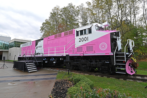 Wabtec unveiled the FLXdrive, the world’s first 100% battery-powered, heavy-haul locomotive donning Roy Hill’s iconic pink livery. (Photo: Business Wire)