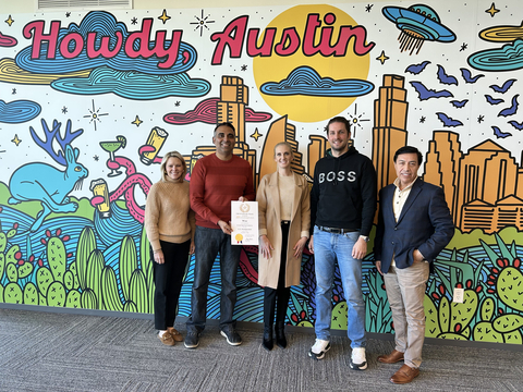 From left to right: Stacy Schmitt, SVP of Communications & External Affairs at Opportunity Austin, Harsh Sinha, CTO of Wise, Stephanie Mazurkiewicz, Project Development Coordinator at the Office of Governor Abbott, Balazs Barna, Austin Site Lead & Head of U.S. Engineering, and Roland Peña, SVP of Global Tech & Innovation at Opportunity Austin. (Photo: Business Wire)