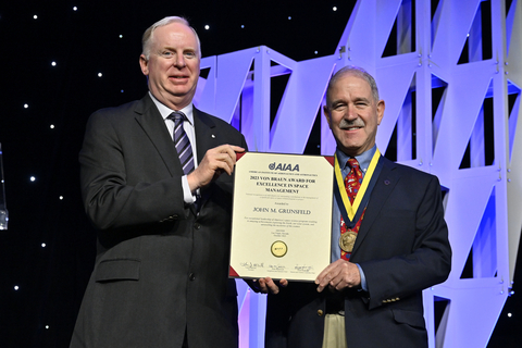 Dr. John Grunsfeld (right) receiving the AIAA Von Braun Award for Excellence in Space Program Management at AIAA ASCEND on October 24,2023. Photo Credit: AIAA (Photo: Business Wire)