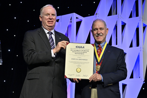 original Dr. John Grunsfeld (right) receiving the AIAA Von Braun Award for Excellence in Space Program Management at AIAA ASCEND on October 24,2023. Photo Credit: AIAA (Photo: Business Wire)