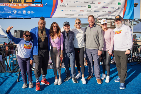 The 15th Skechers Pier to Pier Friendship Walk raised more than $3 million for children with varying abilities and education. On stage (L to R): Friendship Foundation member Yousef Hassan; Mr. T; Brooke Burke; Skechers Walk Founder Michael Greenberg; Amanda Kloots; CEO of Kinecta Keith Sultemeier; Robin Curren, Executive Director of the Skechers Foundation; and Yossi Mintz, Founder of the Friendship Foundation. (Photo: Ian Logan Photography)