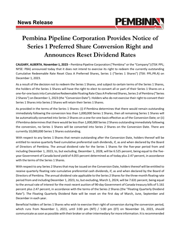 Pembina Pipeline Corporation Provides Notice of Series 1 Preferred Share Conversion Right and Announces Reset Dividend Rates