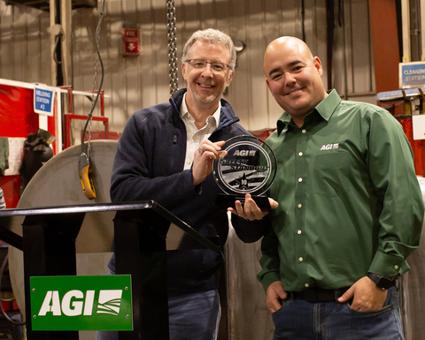 original A Decade of Distinction. Paul Householder, AGI President & CEO, presents Steve Ricklefs, AGI Olds Plant Manager, with a 10 yr. No-Lost Time Incident award. (Photo: Business Wire)