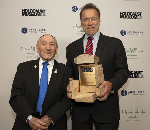 MAN OF COURAGE – 101-year-old Holocaust survivor Joe Alexander joined former California Governor, actor and businessman Arnold Schwarzenegger last night, who received the Holocaust Museum LA’s inaugural Award of Courage for his advocacy against antisemitism and bigotry at the museum's 15th annual gala held at the Beverly Hills Hotel. (Al Seib / Al Seib Holocaust Museum LA)