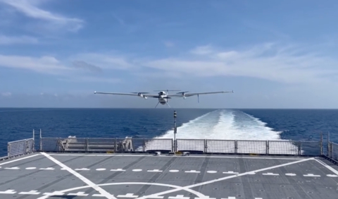 AeroVironment’s JUMP 20 VTOL demonstrated autonomous shipboard takeoff and landing during the U.S. Navy’s Hybrid Fleet Campaign Event in Key West, FL (Photo: AeroVironment, Inc.)