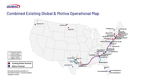 On Thursday, November 9, 2023, Global Partners LP (NYSE:GLP) announced the signing of an asset purchase agreement with Motiva Enterprises LLC to acquire 25 liquid energy terminals along the Atlantic Coast, in the Southeast and in Texas for $305.8 million in cash. The terminals have an aggregate shell capacity of 8.4 million barrels. (Graphic: Global Partners LP)