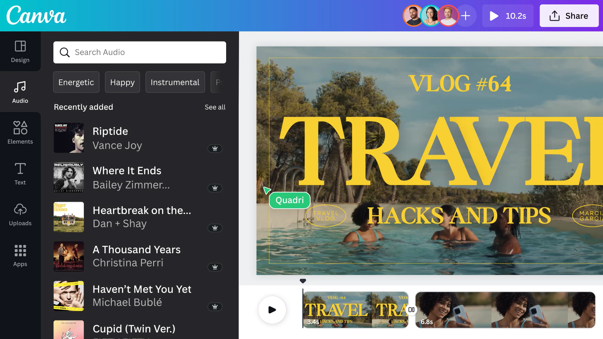 Canva customers can now create music-filled designs and bring to life what’s in their mind's eye. For example, DIY designers can showcase their musical tastes and personality by adding songs to travel vlogs, wedding videos or holiday greetings.