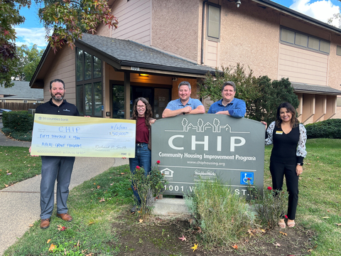Tri Counties Bank presents a $50,000 check to Community Housing Improvement Program (CHIP), awarded through the Federal Home Loan Bank of San Francisco's AHEAD economic development grant program. Pictured in this image from left to right: Drew Costa, Community Development Officer at Tri Counties Bank; Jill Quezada, Director of Self-Help Housing at CHIP; Philip Aviles, Branch Manager at Tri Counties Bank; Mark Montgomery, Director of Fundraising and Communications at CHIP; and Annette Mariottini, Treasury Management Officer at Tri Counties Bank. (Photo: Business Wire)