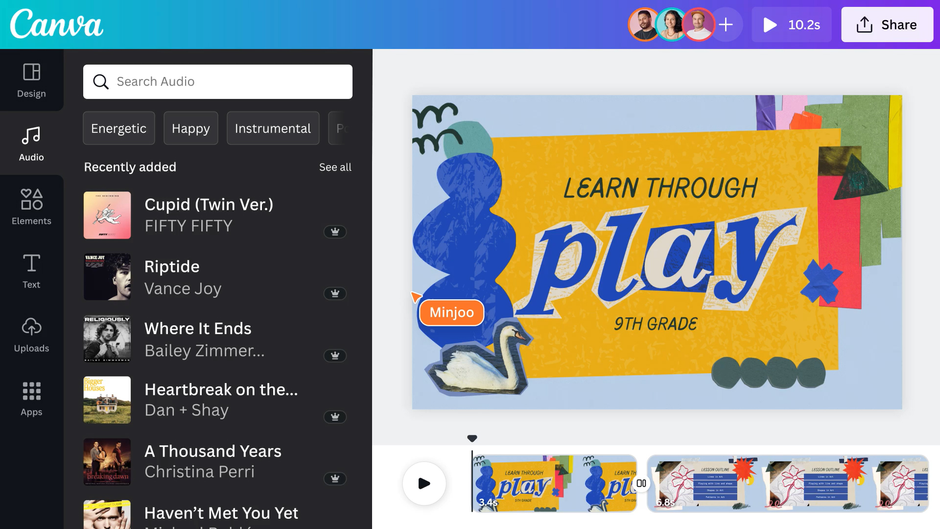 Teachers using Canva for Education can get students engaged by adding music to lesson plans, homework materials and more.