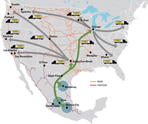 This map shows the network of the new joint intermodal service between key markets in Northern and Central Mexico, through the Eagle Pass, Texas border gateway, with BNSF, J.B. Hunt and GMXT. (Photo: Business Wire) (Photo: BNSF)