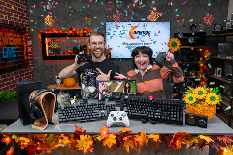 Newegg is hosting a 24-hour Cyber Monday livestream. Hosts Ben Tibbels (left) and Tori Vasquez prepare to unveil Flash Deals every hour that will be available only to lucky viewers. (Photo: Newegg)