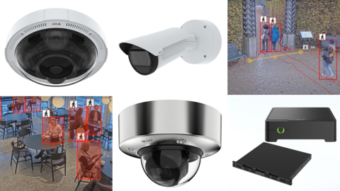 Axis Communications introduces new deep learning-enabled panoramic, bullet, and dome cameras, compact video recorders, and enhanced analytics at ISC East 2023. (From top left: AXIS P3735-PLE, AXIS Q1805-LE, AXIS Object Analytics: Crossline counting, AXIS Object Analytics: Occupancy in area, AXIS P3268-SLVE, and AXIS S3008 Mk II & AXIS S3016) (Photo: Business Wire)