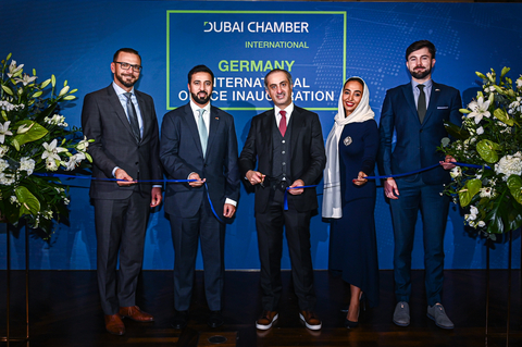 thumbnail Khalid Al Shamsi, Vice President of Operations at Dubai Chambers (Centre), cuts the ribbon during the official inauguration ceremony for the new Dubai International Chamber representative office in Germany yesterday (Photo: AETOSWire)