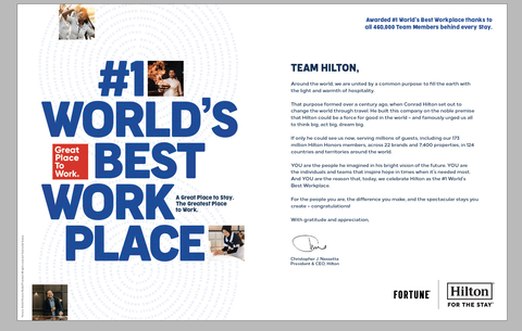 thumbnail Hilton recognizes global team members in advertisement appearing in major media outlets for their accomplishment of being recognized as the No. 1 World's Best Workplace (Graphic: Hilton)
