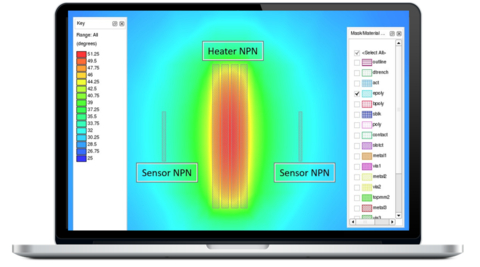 Simulated electro-thermal results in ADS show expected gradient in the temperature profile with the inner emitter regions of heater NPN being hottest and heat diffusing out symmetrically to the sensor NPNs. (Graphic: Business Wire)