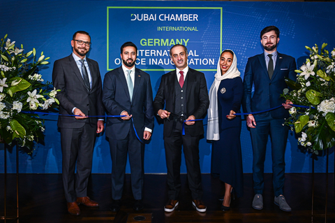 Khalid Al Shamsi, Vice President of Operations at Dubai Chambers (Centre), cuts the ribbon during the official inauguration ceremony for the new Dubai International Chamber representative office in Germany yesterday (Photo: AETOSWire)