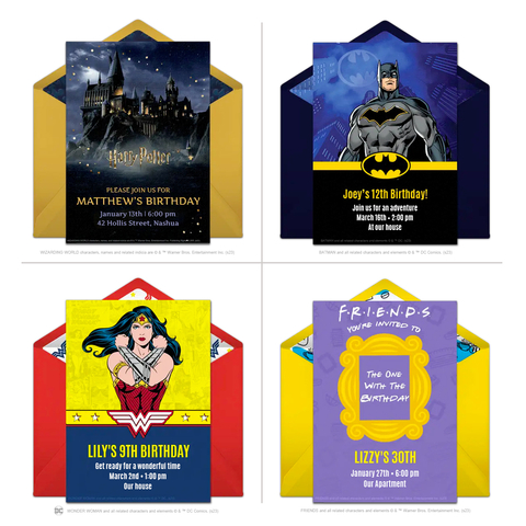New branded invitations from Punchbowl feature iconic characters from Warner Bros. franchises. (Graphic: Business Wire)