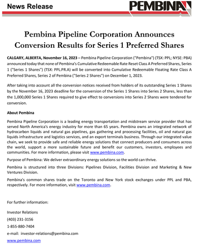 Pembina Pipeline Corporation Announces Conversion Results for Series 1 Preferred Shares