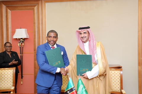SFD's CEO, H.E. Sultan Al-Marshad (right), poses for a photo with the Prime Minister of Saint Kitts and Nevis, Hon. Terence Drew, following the signing of a Memorandum of Understanding (MoU) (Photo: AETOSWire)