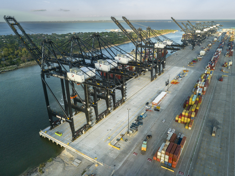 Wharf 6, the newest dock at the Bayport Container Terminal, began operations this month, adding much-needed cargo capacity for the two fastest-growing container terminals in the Gulf. (Photo: Business Wire)