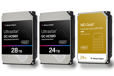 Western Digital Ultrastar DC HC680 28TB SMR HDD, Ultrastar DC HC580 24TB CMR HDD, WD Gold 24TB HD (Photo: Business Wire)