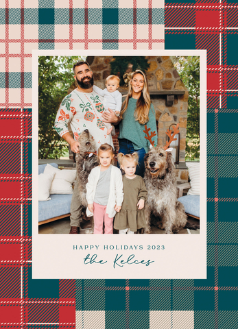 Design marketplace Minted and the Kelce Family teamed up for a 2023 holiday card photoshoot that celebrates the humor, joy and chaos of the holiday season. The Kelces selected “Madras,” a design by Minted artist Megan Cash which features a festive plaid and was customized to match the Eagles' signature hue of green. Photographer credit: Stephanie Beatty.