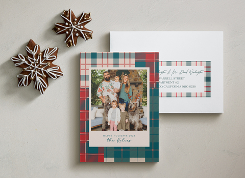The 2023 Kelce Family holiday card by Minted independent artist Megan Cash features a festive plaid with a modern twist. The “Madras” design was customized to feature the Eagles' signature hue of green. Photographer credit: Stephanie Beatty.