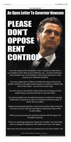 AHF ran a full-page advertisement in the Sacramento Bee Sunday, November 19, 2023 and posted a version on social media asking Governor Gavin Newsom not to oppose rent control as voters will have the chance to support it on the November 2024 ballot. (Graphic: Business Wire)