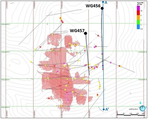 Figure 1. Plan map showing location of 2023 drill holes relative to +3.0 g/t Au Gravel Creek resource blocks. (Graphic: Business Wire)