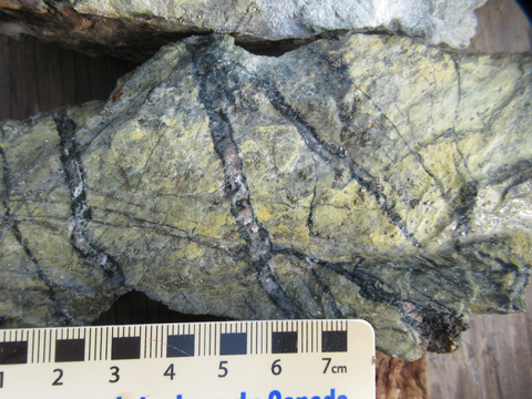 Figure 8 – Grab sample from Whiskey Jack containing intense epidote alteration and well-developed stockwork veining containing magnetite. The Whiskey Jack showing sits on an ESE-WSW trending almost vertical structure that appears to be a distinct conduit for fluids. (Photo: Business Wire)