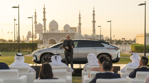 Faraday Future Global CEO Matthias Aydt presents during the launch event in Abu Dhabi, UAE. (Photo: Business Wire)