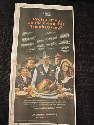 Chancery corruption advertising that ran in the News Journal on Thanksgiving weekend (Photo: Citizens for Judicial Fairness)