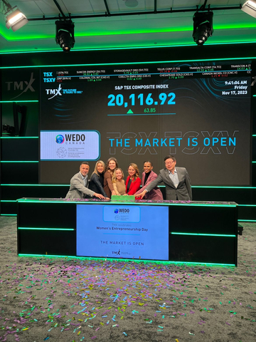 original (left to right): Claudio Rojas, CEO (National Angel Capital Organization), Shannon Pestun (Entrepreneur), Paulina Cameron, CEO (The Forum), Melodie Gingras (The Forum), The Honourable Rechie Valdez (Minister of Small Business), and Sabine Soumare, Executive Director (Women Entrepreneurship Knowledge Hub) at TSX Open celebrating Women’s Entrepreneurship Day. (Photo: Business Wire)