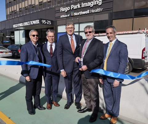 Northwell Health leadership (from left): COO Mark Solazzo, John D’Angelo, MD; Rich Barakat, MD; CEO Michael Dowling and Jesse Chusid, MD, cut the ribbon on Northwell Health at Rego Park. (Photo: Business Wire)