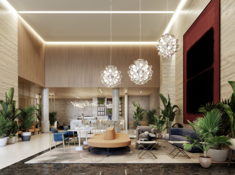 original Rendering of the recently completed lobby renovation, including open-air cafe (Photo: Business Wire)