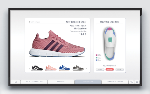 Display shown to in-store shoppers after foot scan, highlighting areas of selected shoes that will fit well and potential areas of pressure. (Graphic: Business Wire)